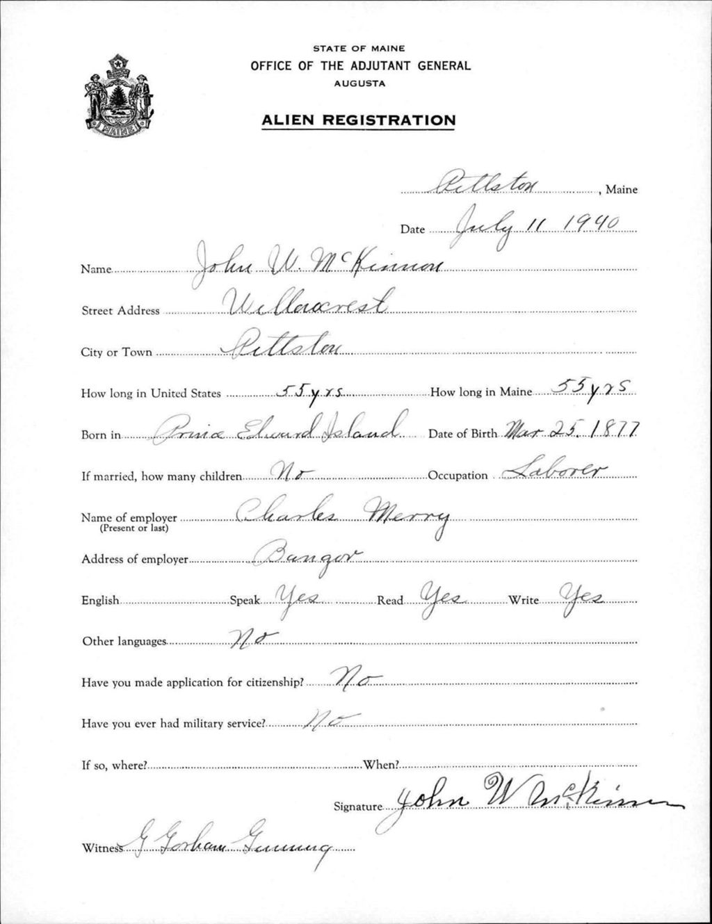 Miniature of Alien Registration- Mckinnon, John W. (Pittston, Kennebec County)