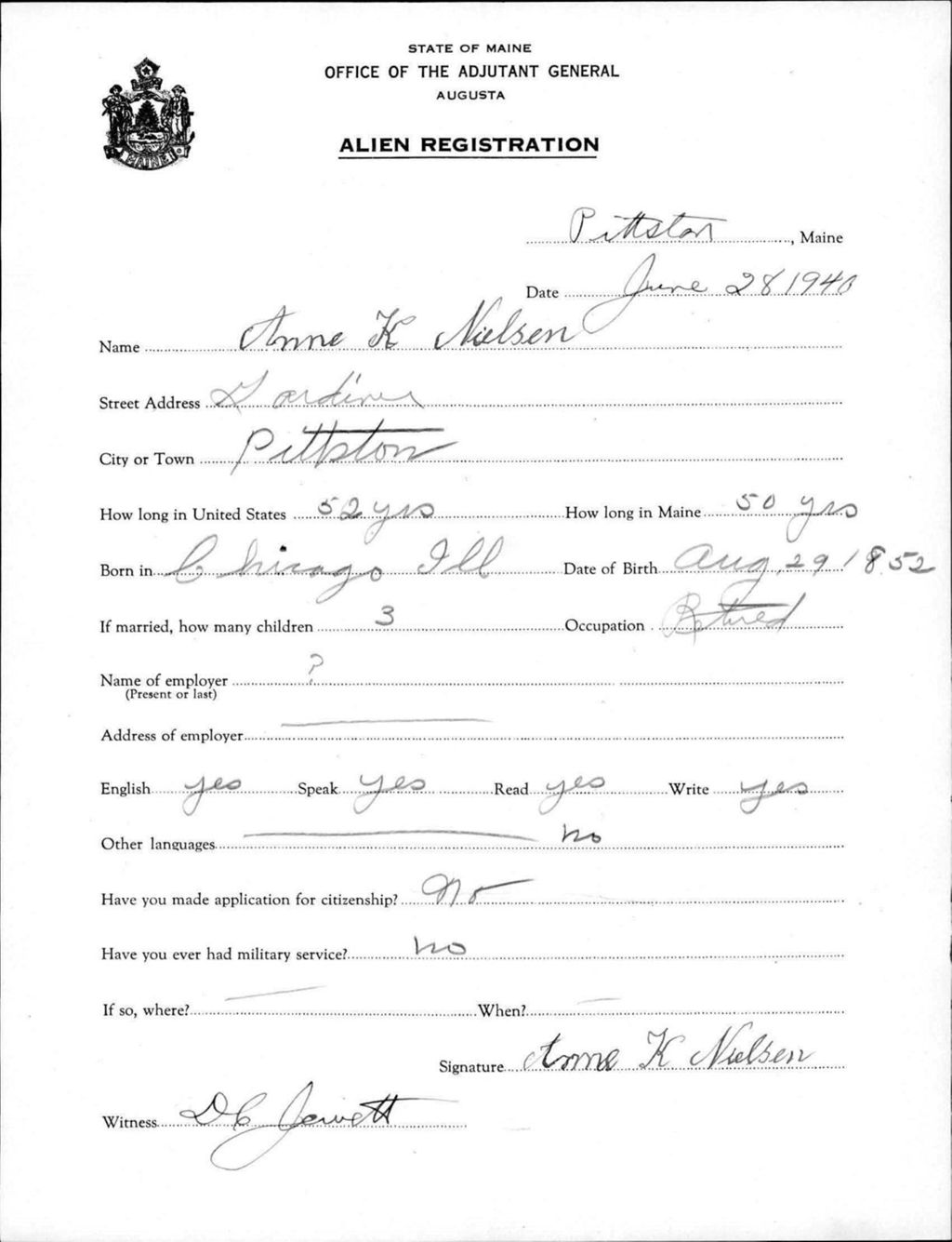 Miniature of Alien Registration- Nielsen, Anne K. (Pittston, Kennebec County)