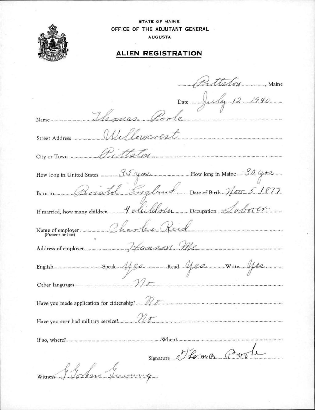 Miniature of Alien Registration- Poole, Thomas (Pittston, Kennebec County)