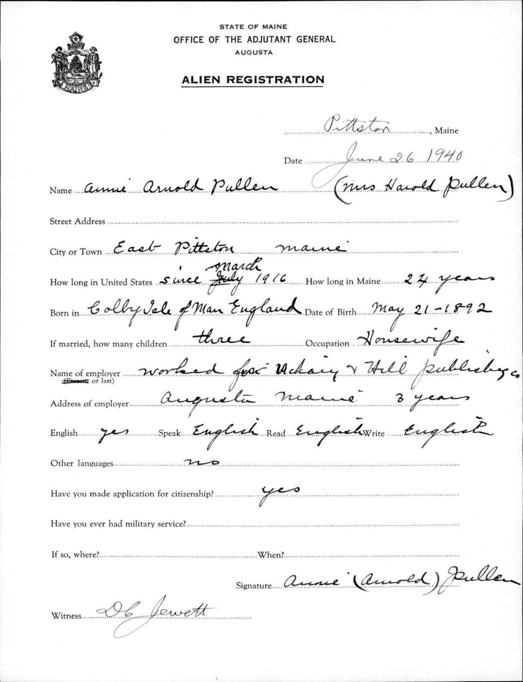 Miniature of Alien Registration- Arnold, Annie (Pittston, Kennebec County)