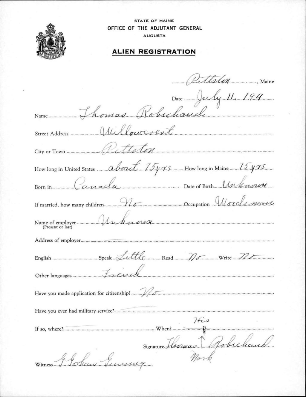 Miniature of Alien Registration- Robichaud, Thomas (Pittston, Kennebec County)