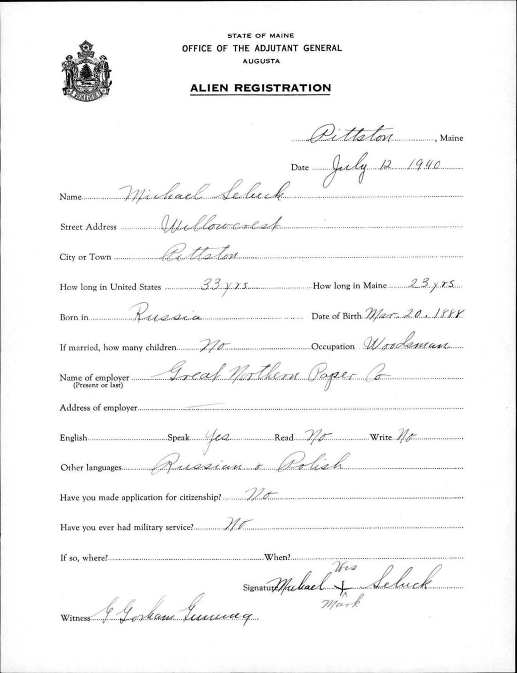 Miniature of Alien Registration- Seluck, Michael (Pittston, Kennebec County)