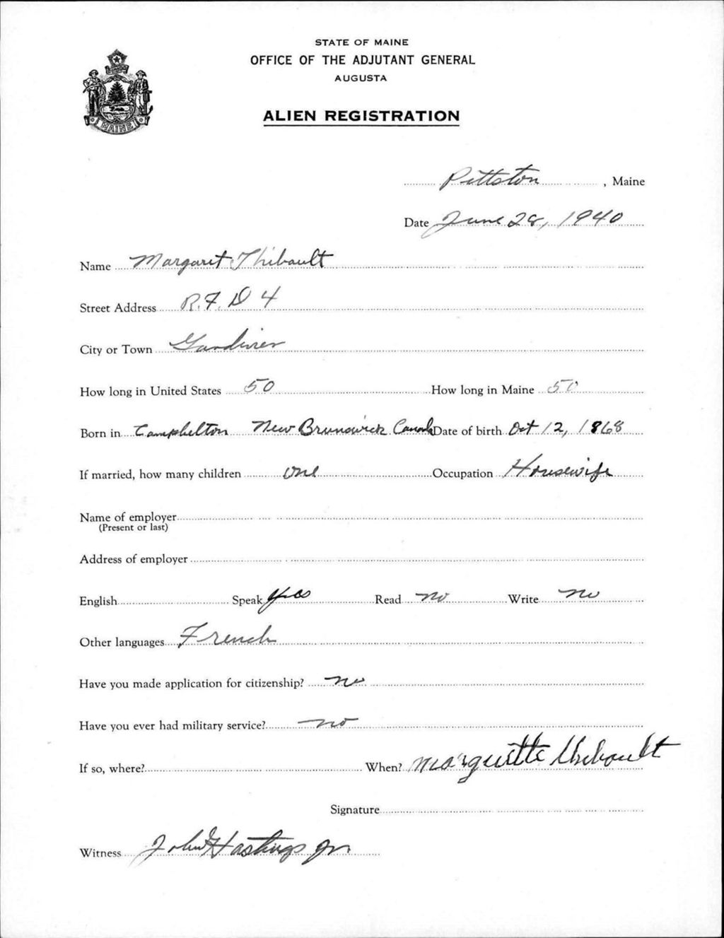 Miniature of Alien Registration- Thibault, Margaret (Pittston, Kennebec County)