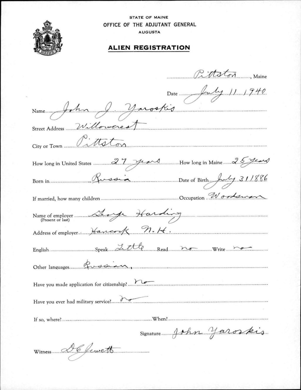 Miniature of Alien Registration- Yaroskis, John J. (Pittston, Kennebec County)