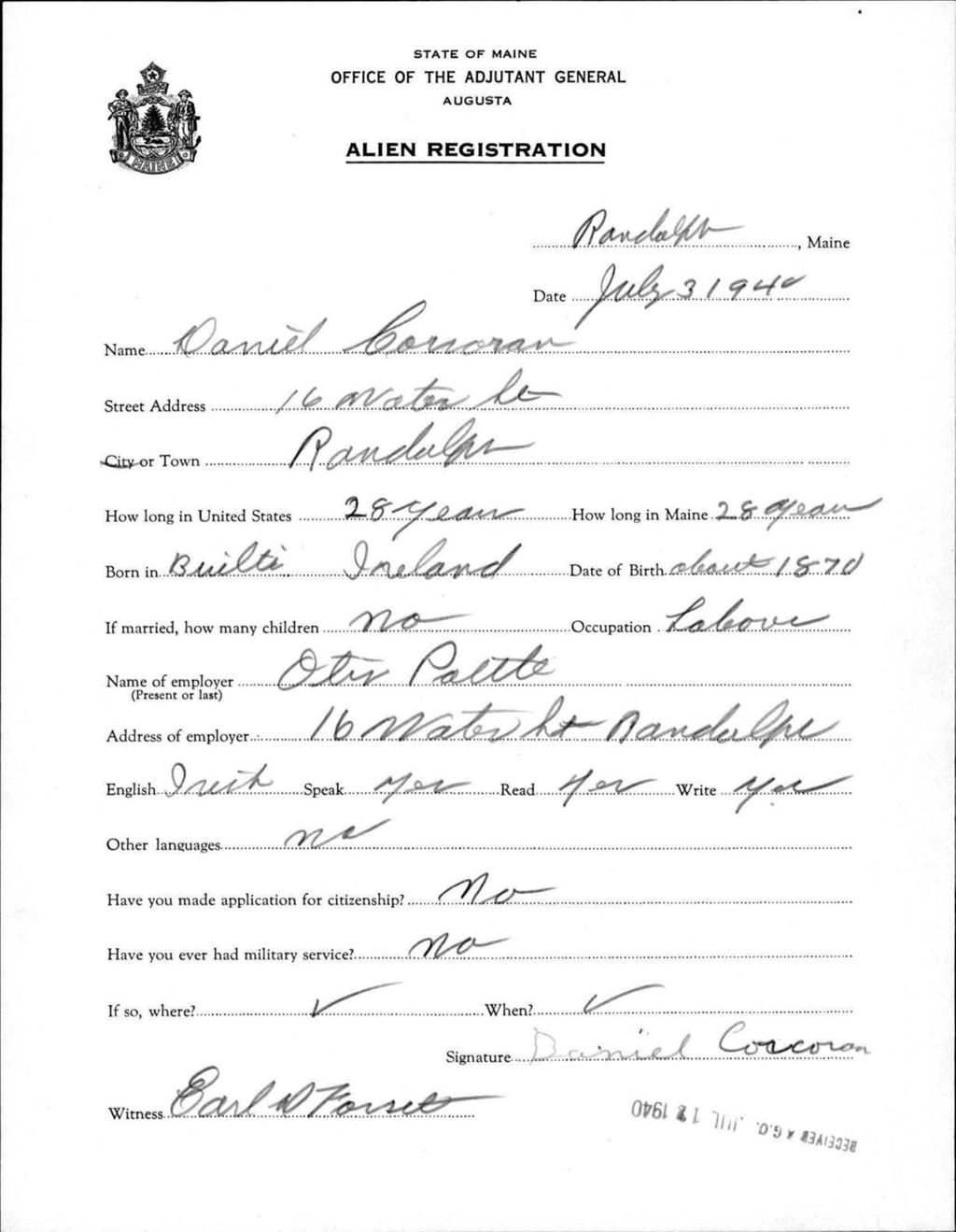 Miniature of Alien Registration- Corcoran, Daniel (Randolph, Kennebec County)