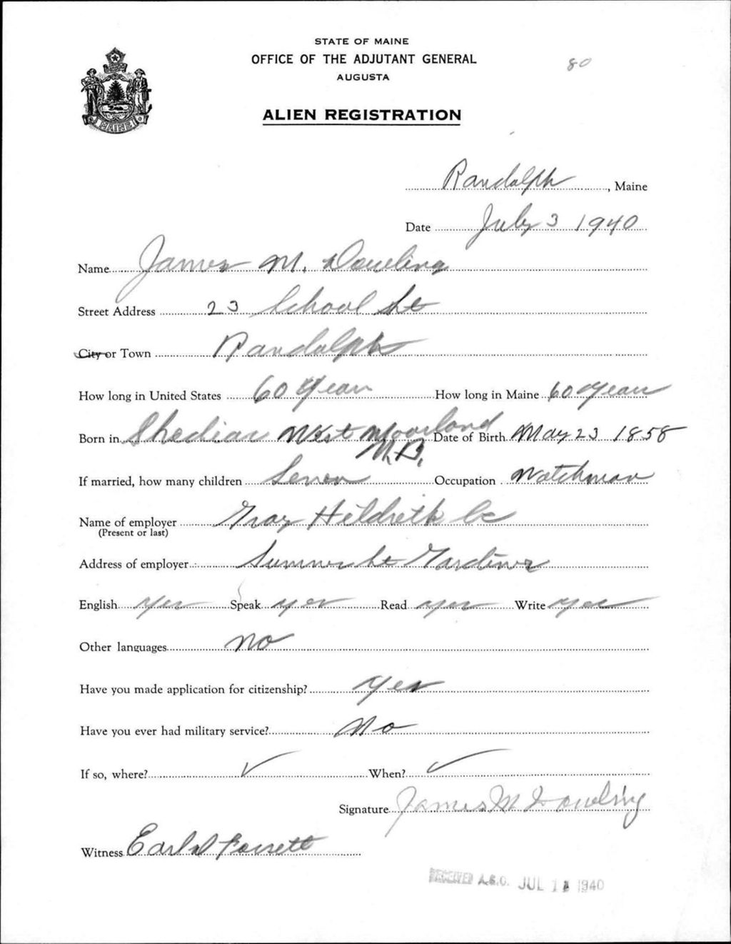Miniature of Alien Registration- Dowling, James M. (Randolph, Kennebec County)