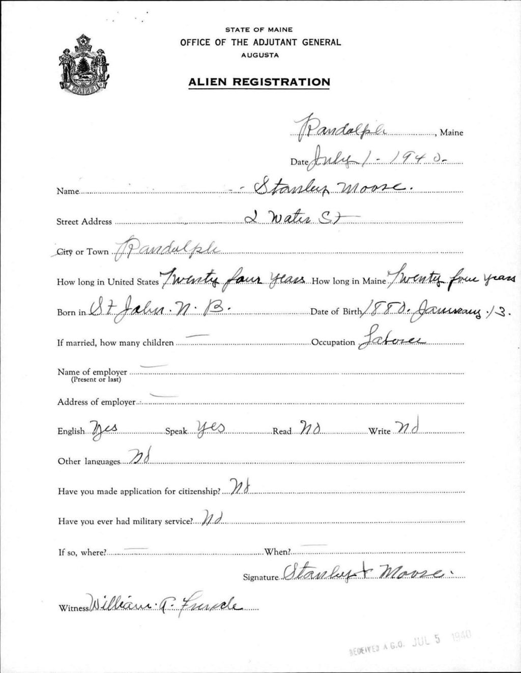 Miniature of Alien Registration- Moore, Stanley (Randolph, Kennebec County)