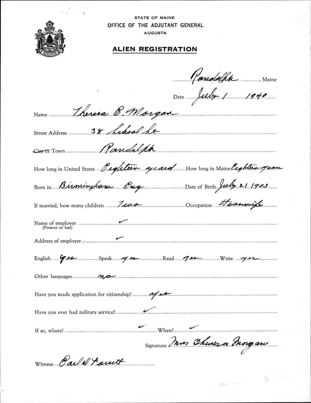 Miniature of Alien Registration- Morgan, Theresa E. (Randolph, Kennebec County)