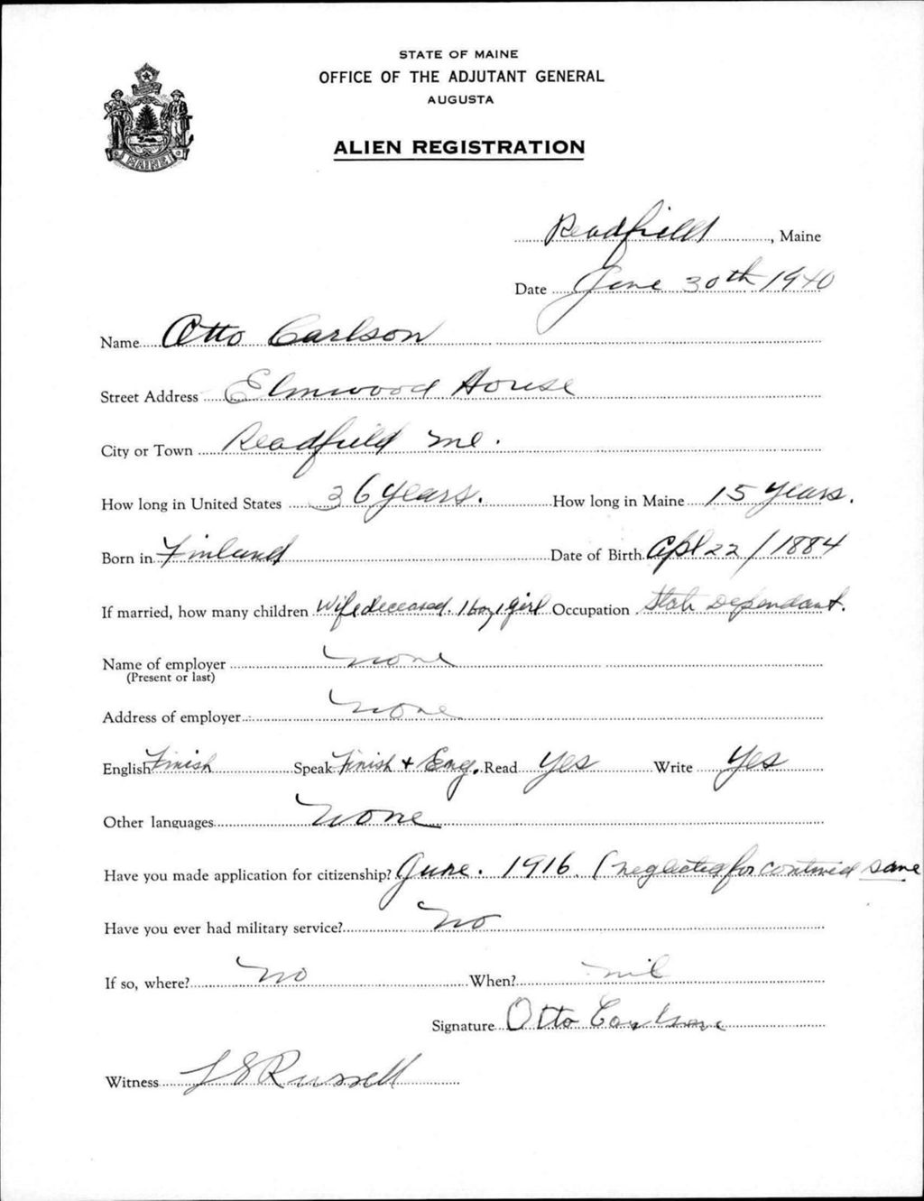 Miniature of Alien Registration- Carlson, Otto (Readfield, Kennebec County)