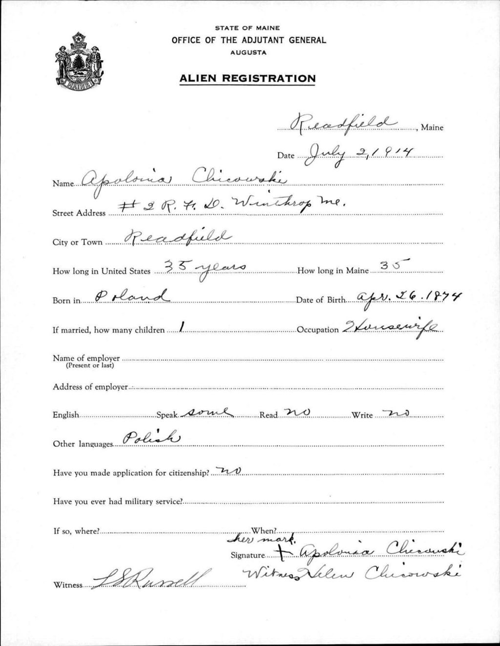 Miniature of Alien Registration- Chicowski, Apolonia (Readfield, Kennebec County)