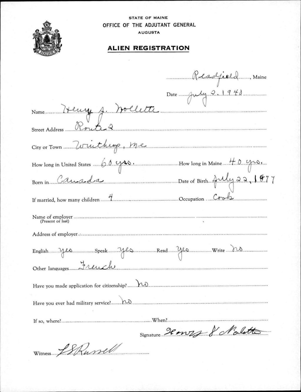 Miniature of Alien Registration- Nollette, Henry J. (Readfield, Kennebec County)