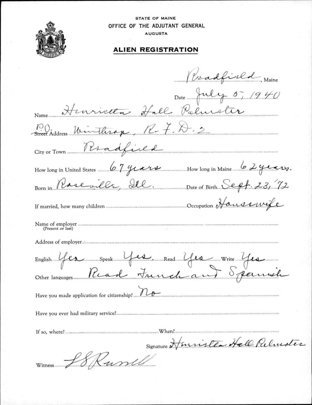 Miniature of Alien Registration- Hall, Henrietta (Readfield, Kennebec County)