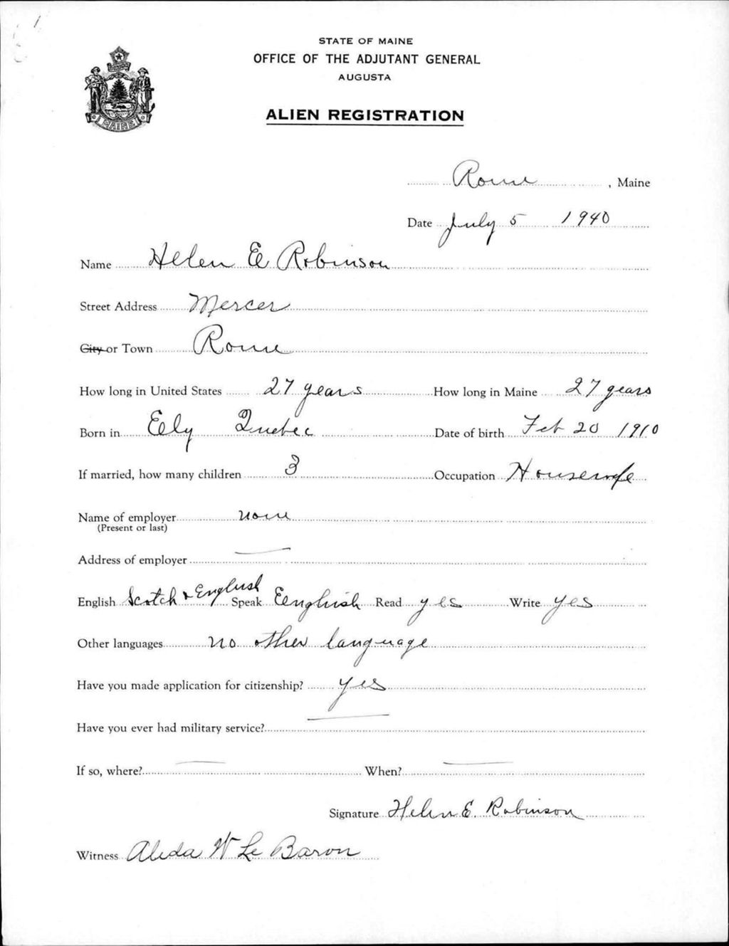 Miniature of Alien Registration- Robinson, Helen E. (Rome, Kennebec County)