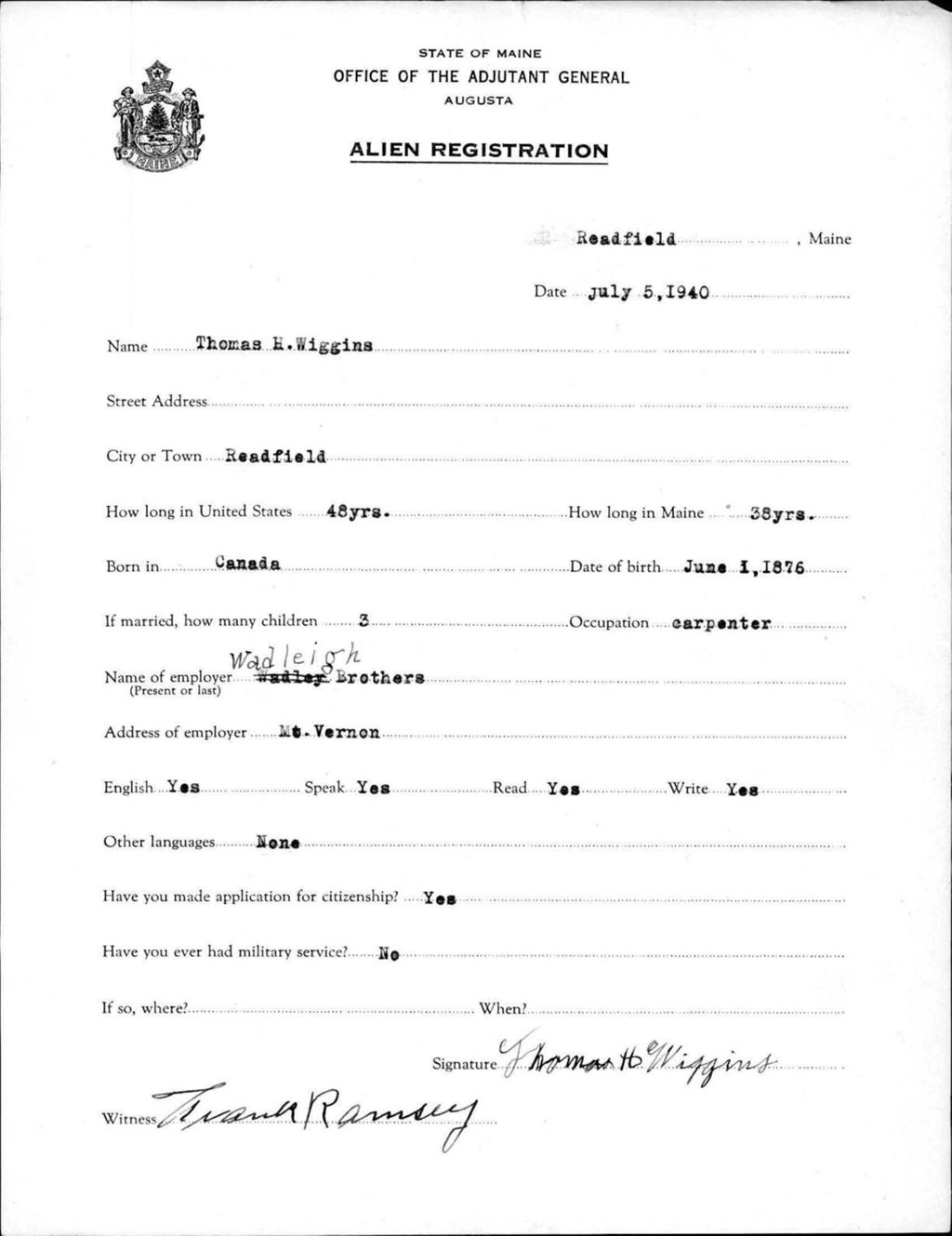 Miniature of Alien Registration- Wiggins, Thomas H. (Readfield, Kennebec County)