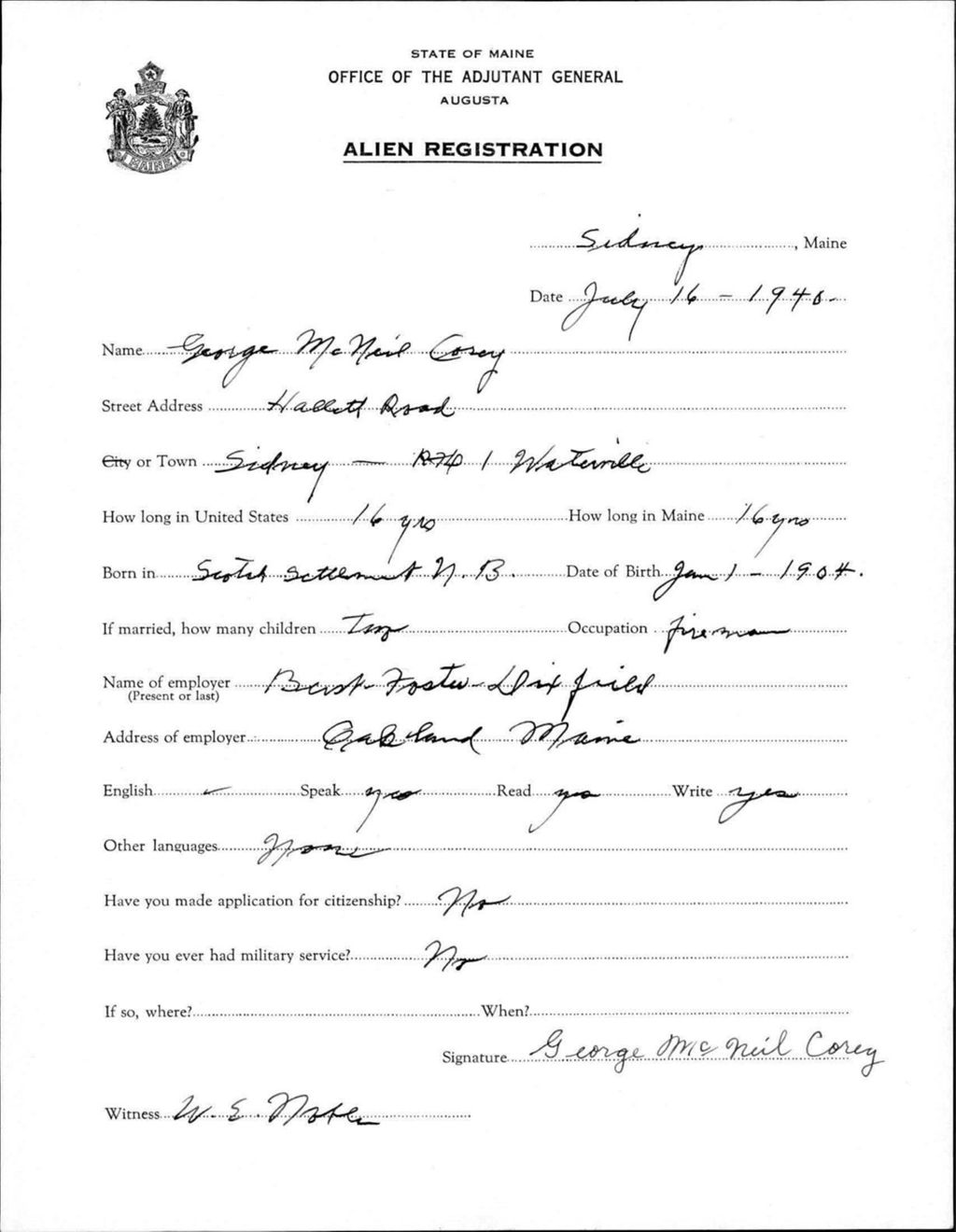 Miniature of Alien Registration- Corey, George M. (Sidney, Kennebec County)