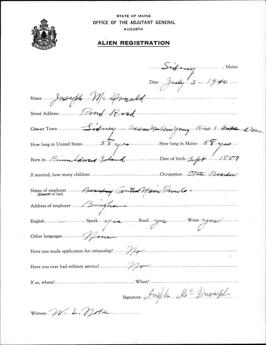 Miniature of Alien Registration- Mcdonald, Joseph (Sidney, Kennebec County)