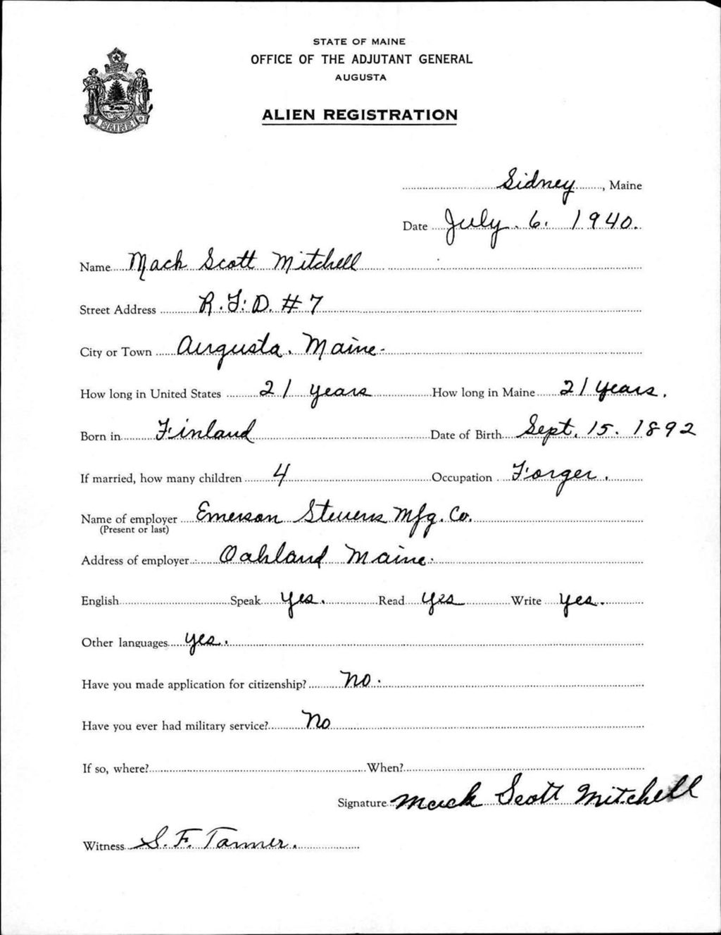 Miniature of Alien Registration- Mitchell, Mack S. (Sidney, Kennebec County)