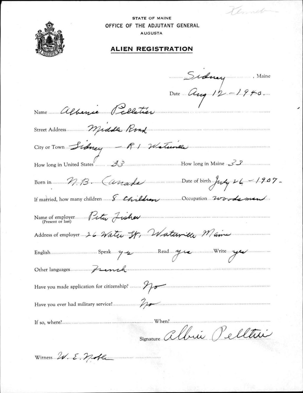 Miniature of Alien Registration- Pelletier, Albenie (Sidney, Kennebec County)