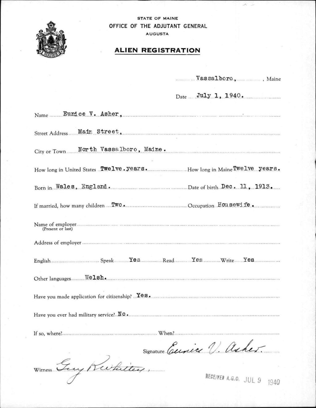 Miniature of Alien Registration- Asher, Eunice V. (Vassalboro, Kennebec County)