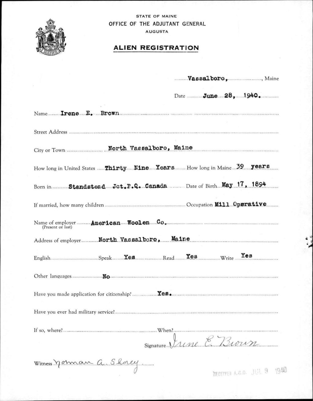 Miniature of Alien Registration- Brown, Irene E. (Vassalboro, Kennebec County)