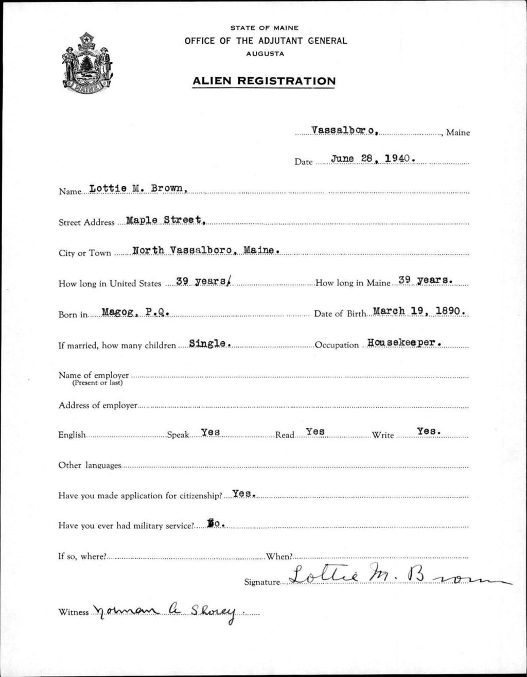 Miniature of Alien Registration- Brown, Lottie M. (Vassalboro, Kennebec County)