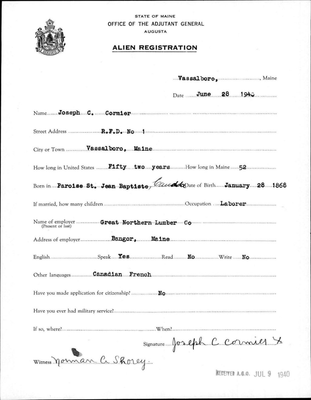 Miniature of Alien Registration- Cormier, Joseph C. (Vassalboro, Kennebec County)