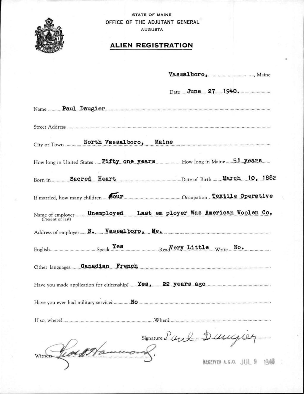 Miniature of Alien Registration- Daugier, Paul (Vassalboro, Kennebec County)