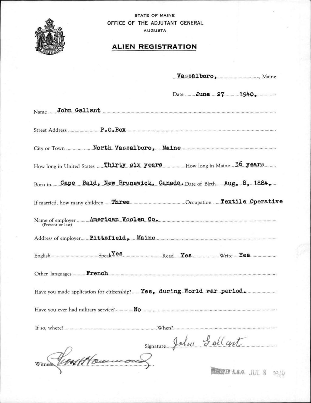 Miniature of Alien Registration- Gallant, John (Vassalboro, Kennebec County)