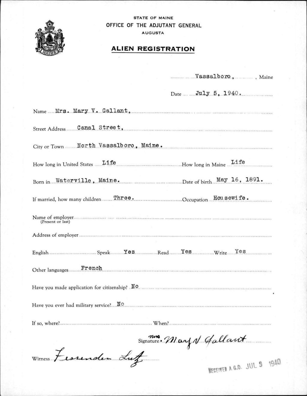Miniature of Alien Registration- Gallant, Mary V. (Vassalboro, Kennebec County)