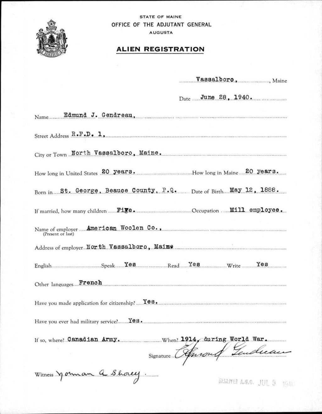 Miniature of Alien Registration- Gendreau, Edmund J. (Vassalboro, Kennebec County)