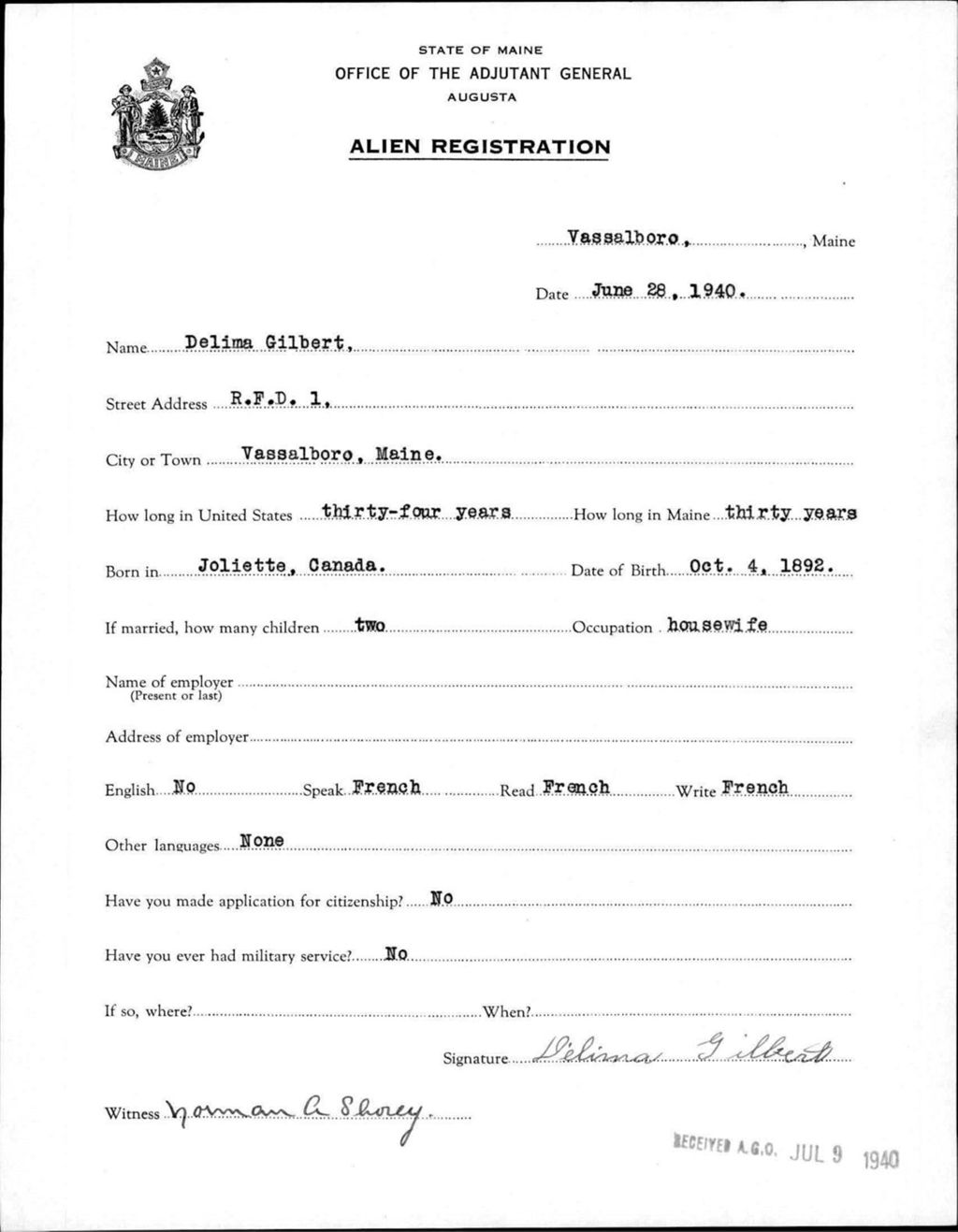 Miniature of Alien Registration- Gilbert, Delima (Vassalboro, Kennebec County)
