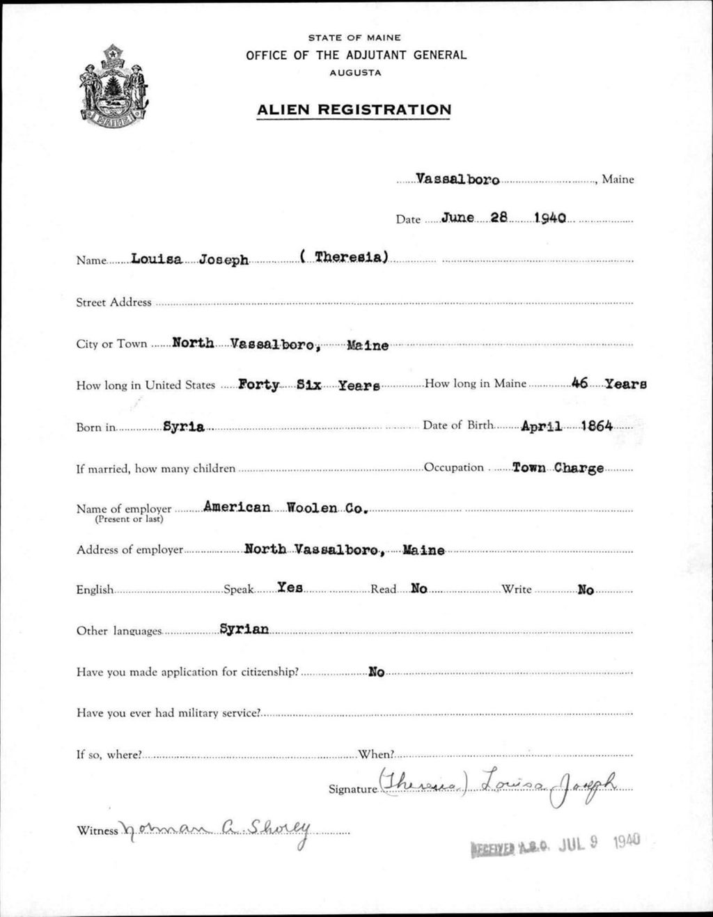 Miniature of Alien Registration- Joseph, Louisa (Theresia) (Vassalboro, Kennebec County)
