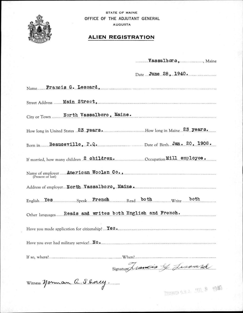 Miniature of Alien Registration- Lessard, Francis G. (Vassalboro, Kennebec County)