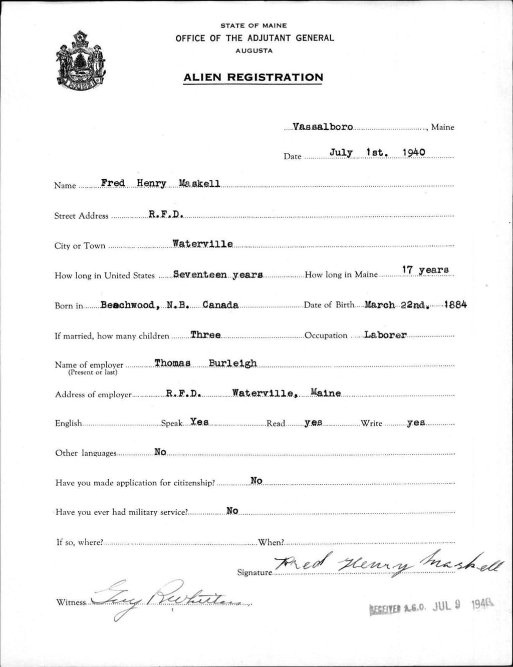 Miniature of Alien Registration- Maskell, Fred H. (Vassalboro, Kennebec County)