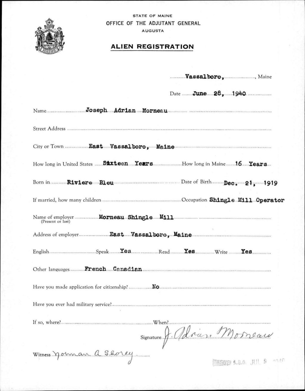 Miniature of Alien Registration- Morneau, Joseph A. (Vassalboro, Kennebec County)