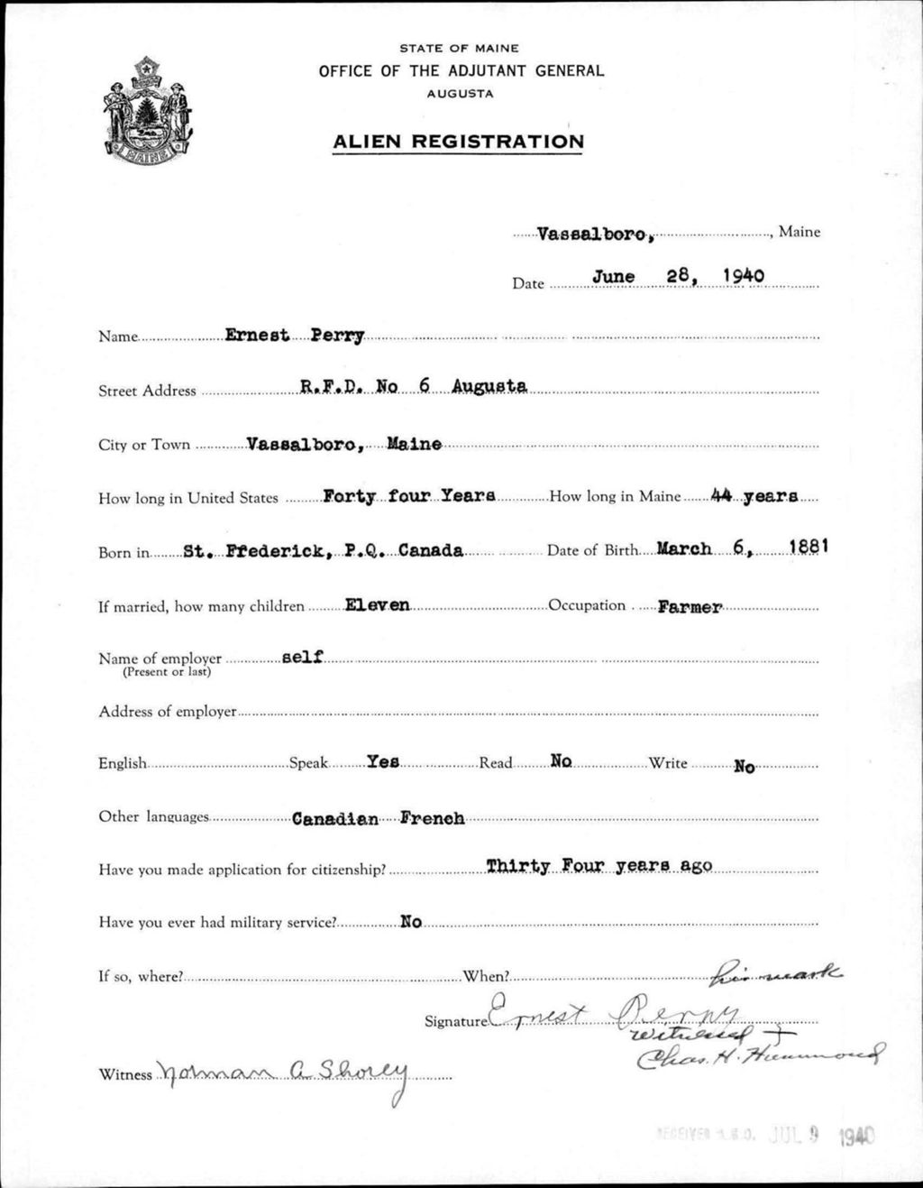 Miniature of Alien Registration- Perry, Ernest (Vassalboro, Kennebec County)