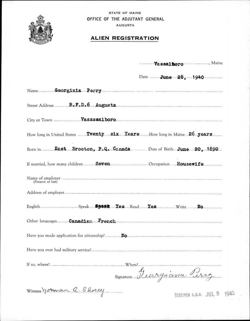 Miniature of Alien Registration- Perry, Georginia (Vassalboro, Kennebec County)