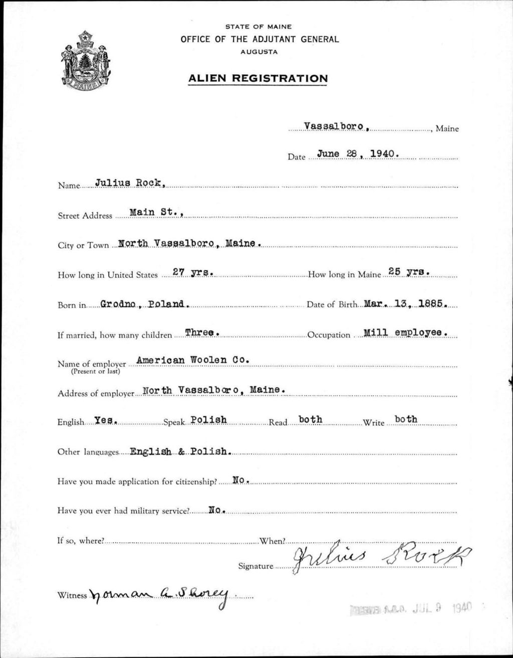 Miniature of Alien Registration- Rock, Julius (Vassalboro, Kennebec County)