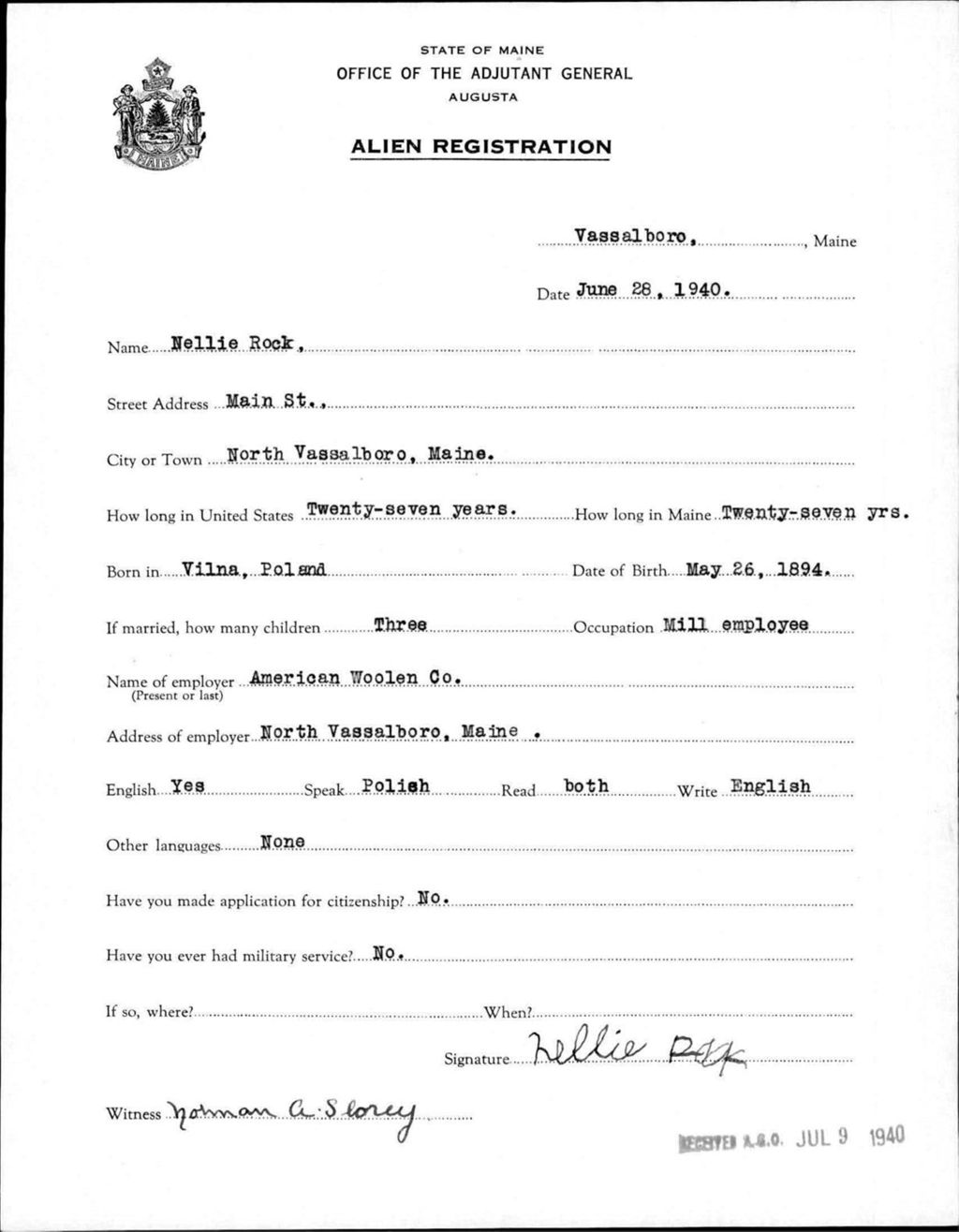 Miniature of Alien Registration- Rock, Nellie (Vassalboro, Kennebec County)