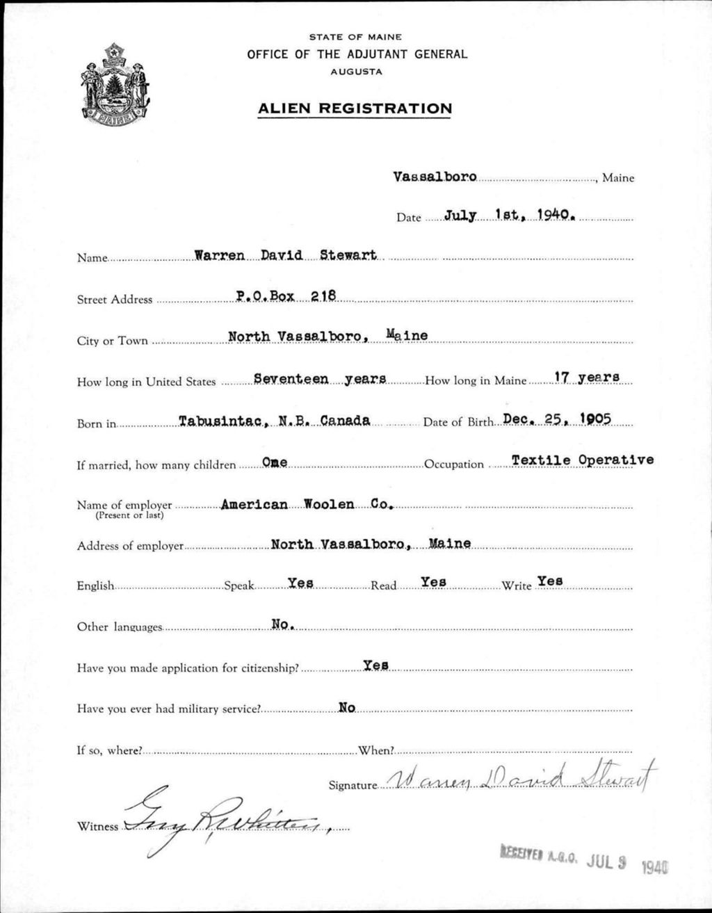 Miniature of Alien Registration- Stewart, Warren D. (Vassalboro, Kennebec County)
