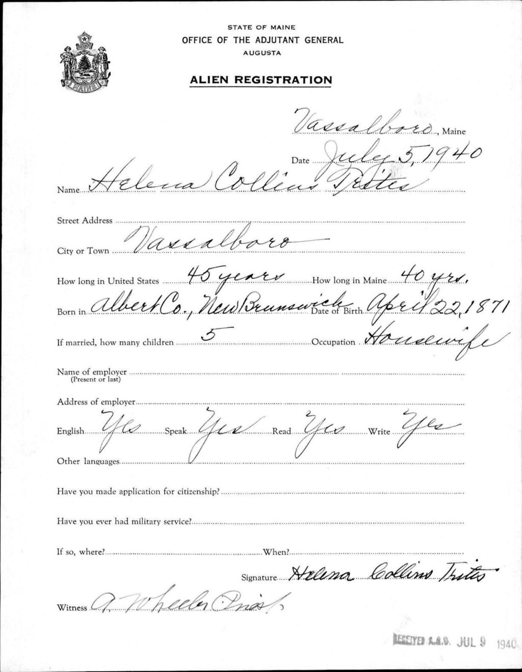 Miniature of Alien Registration- Collins, Helena (Vassalboro, Kennebec County)