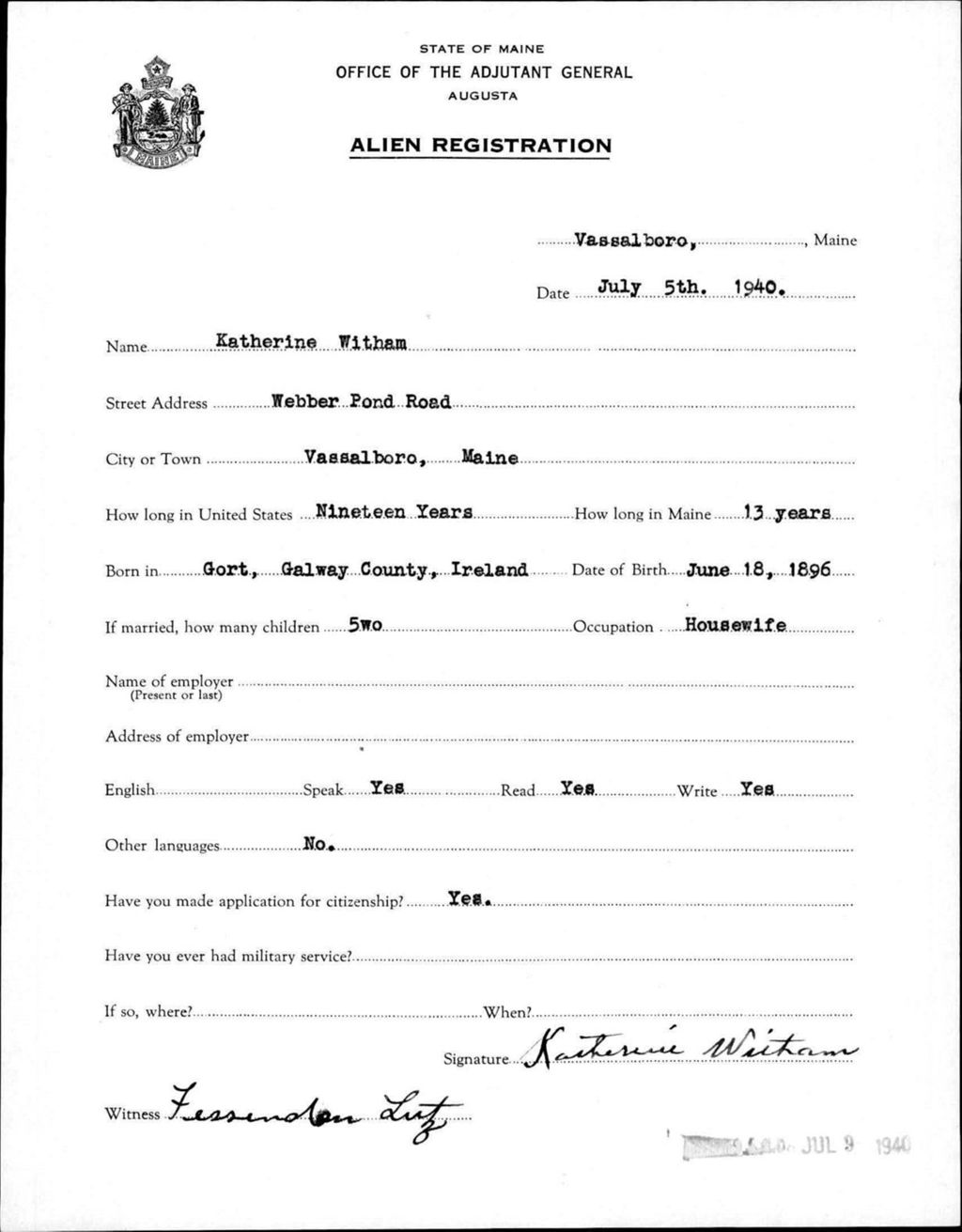 Miniature of Alien Registration- Witham, Katherine (Vassalboro, Kennebec County)