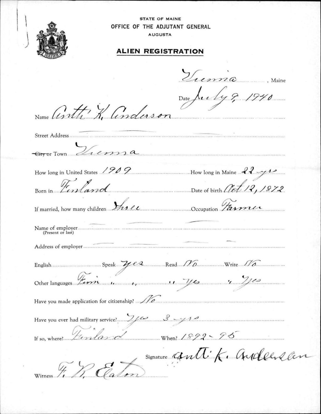 Miniature of Alien Registration- Anderson, Antti K. (Vienna, Kennebec County)