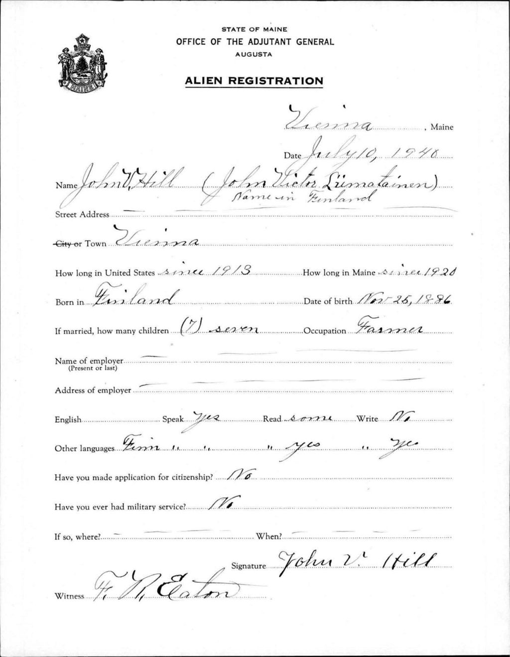 Miniature of Alien Registration- Lumatainen, John V. (Vienna, Kennebec County)