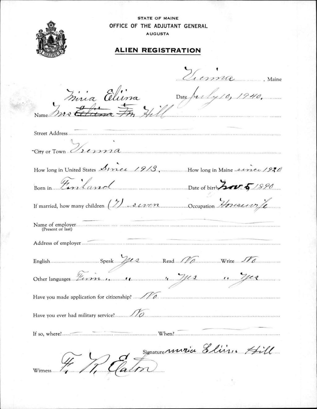 Miniature of Alien Registration- Hill, Miria E. (Vienna, Kennebec County)
