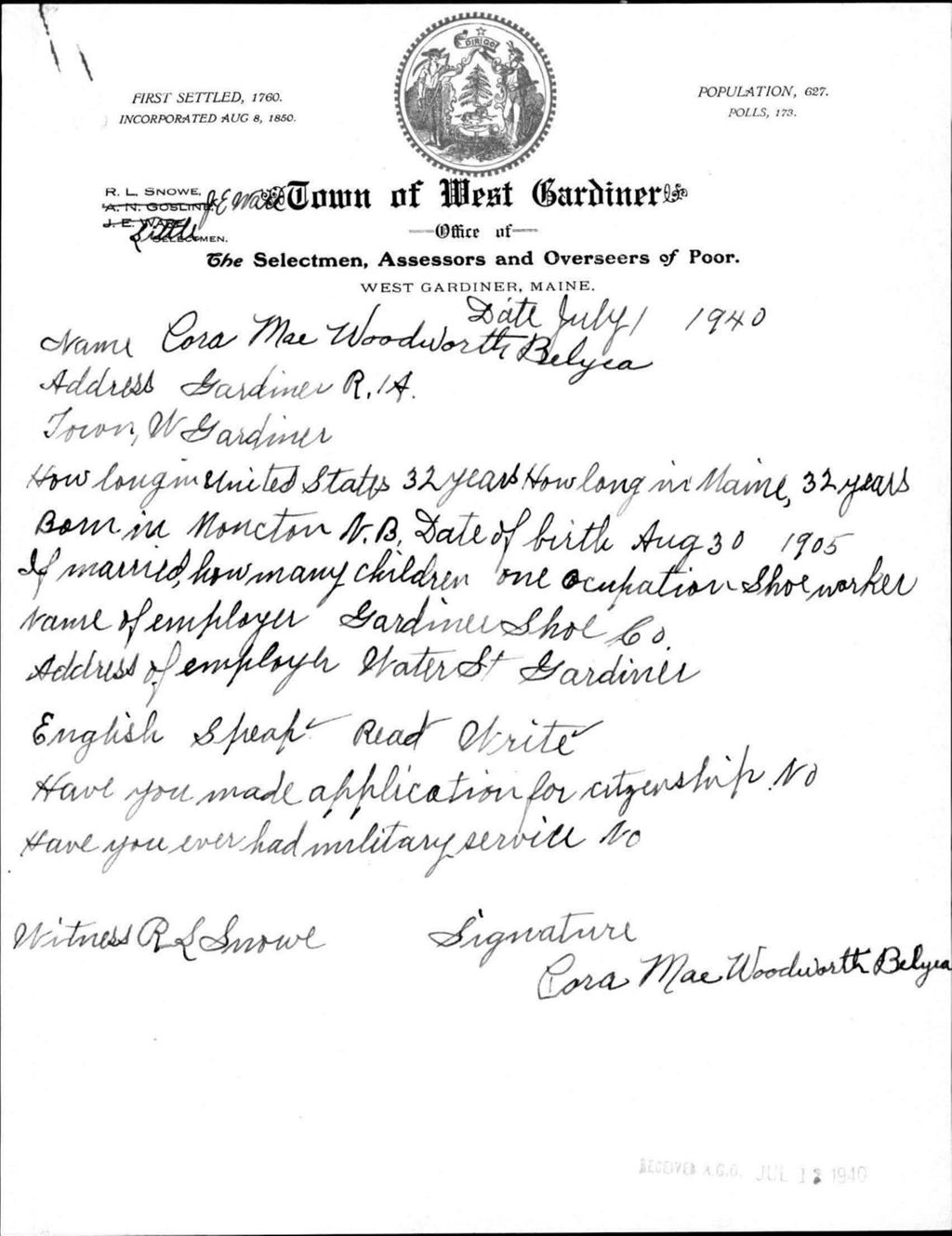 Miniature of Alien Registration- Woodworth, Cora M. (West Gardiner, Kennebec County)
