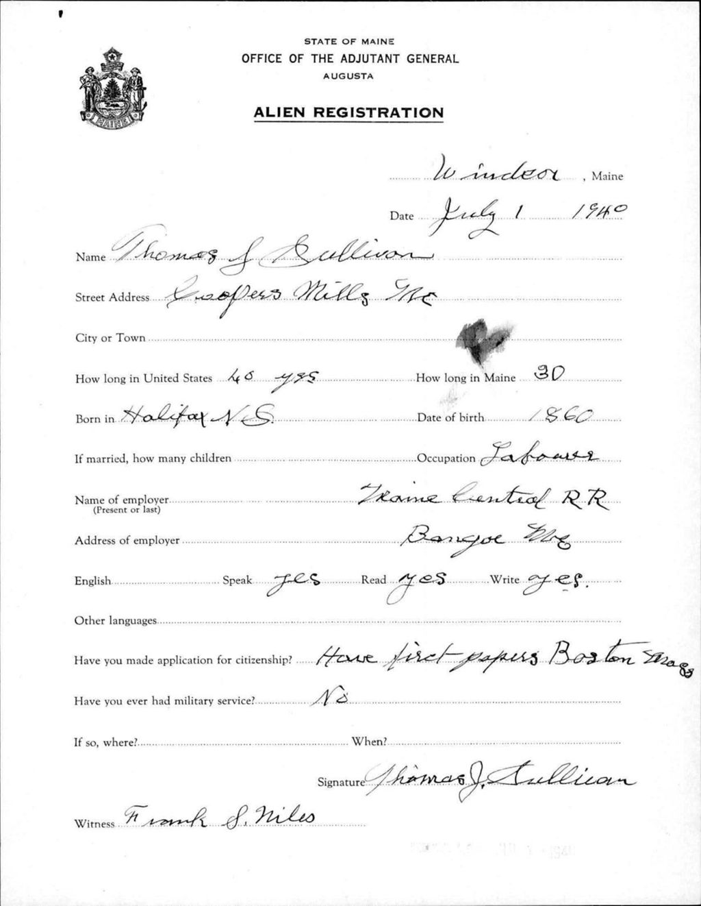 Miniature of Alien Registration- Sullivan, Thomas J. (Windsor, Kennebec County)