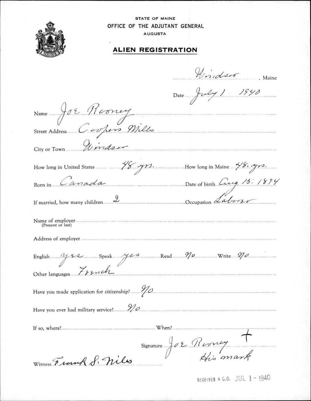 Miniature of Alien Registration- Rooney, Joe (Windsor, Kennebec County)