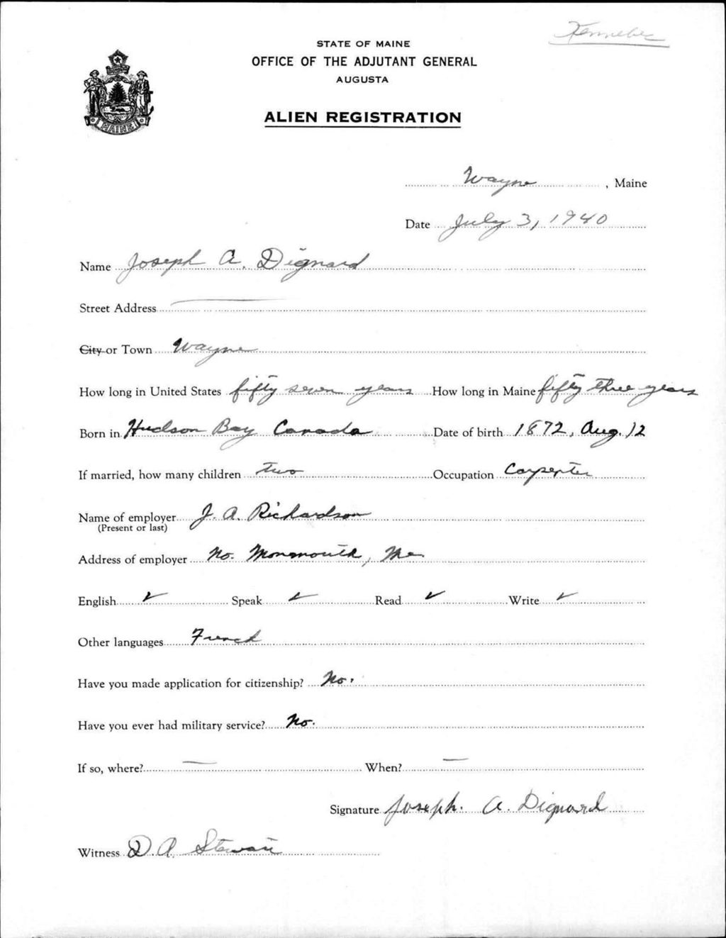 Miniature of Alien Registration- Dignard, Joseph A. (Wayne, Kennebec County)