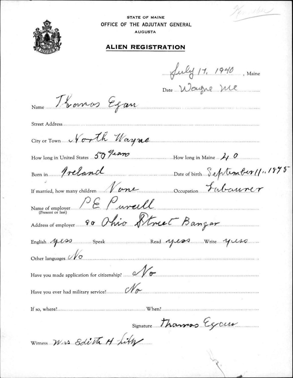 Miniature of Alien Registration- Egan, Thomas (Wayne, Kennebec County)